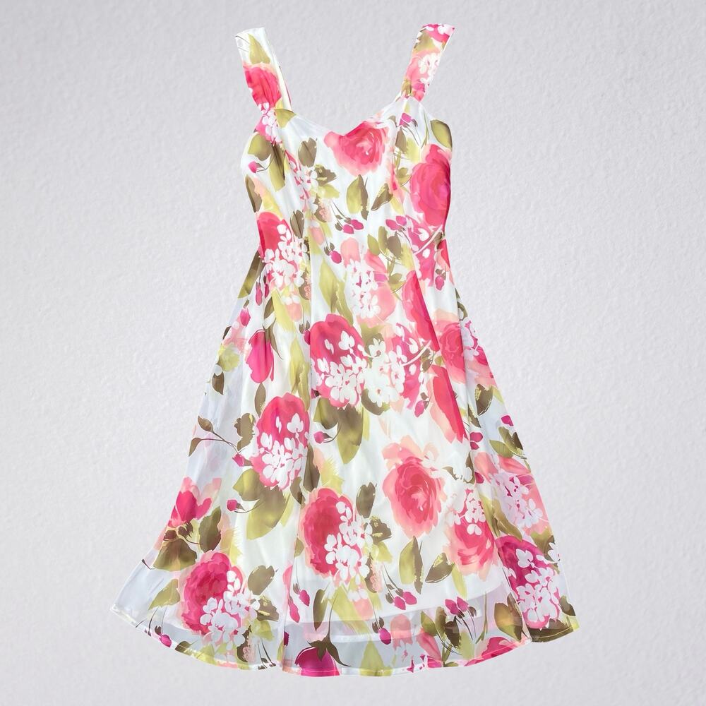 White and pink floral midi dress with sweetheart bust, coquette cottagecore